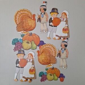 Vintage Amscan Thanksgiving Pilgrims Cardboard Die Cut Decorations Lot of 8